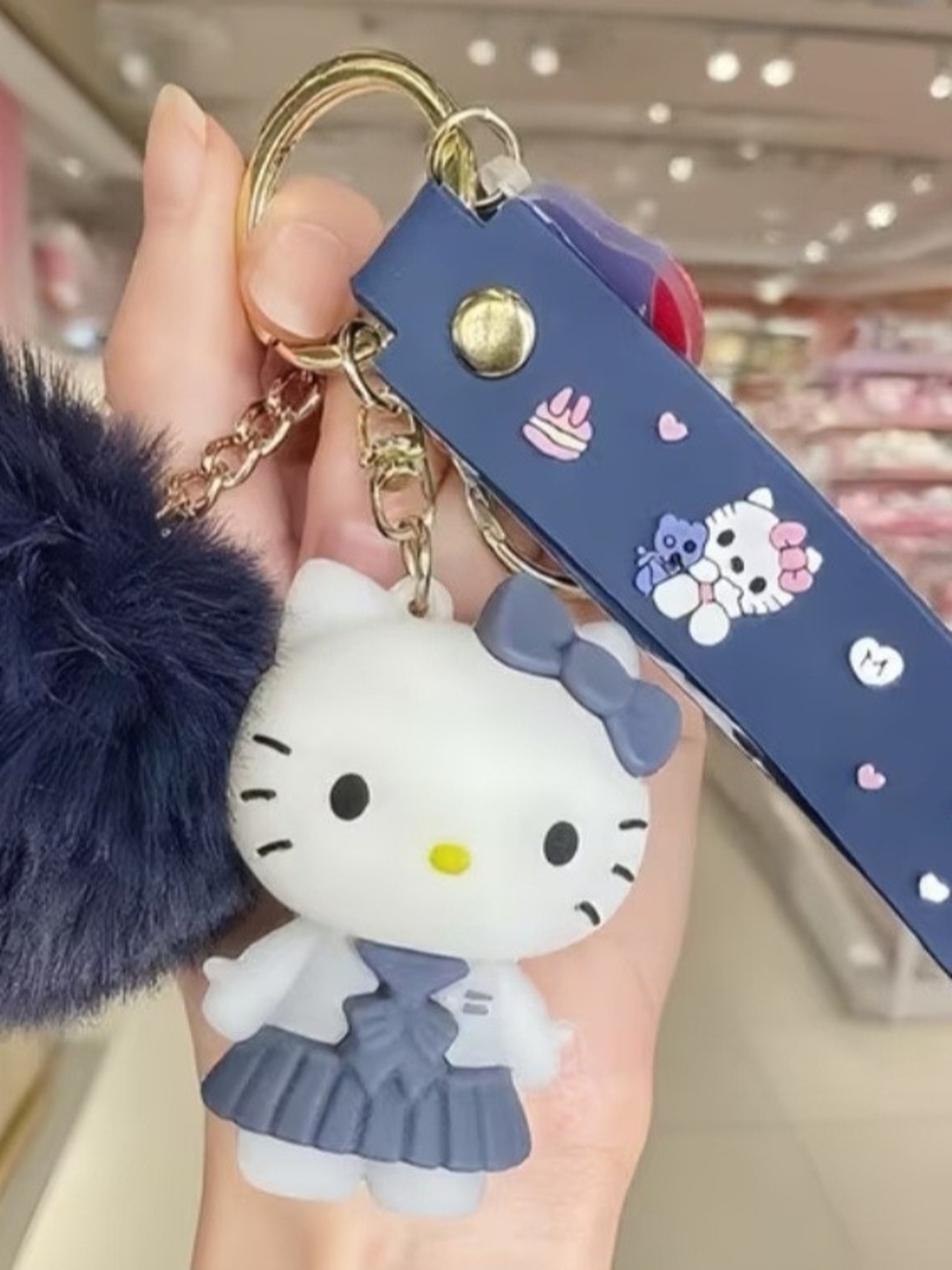 Navy Hello Kitty Keychain Wrist Strap with Pom Pom, 3 Piece